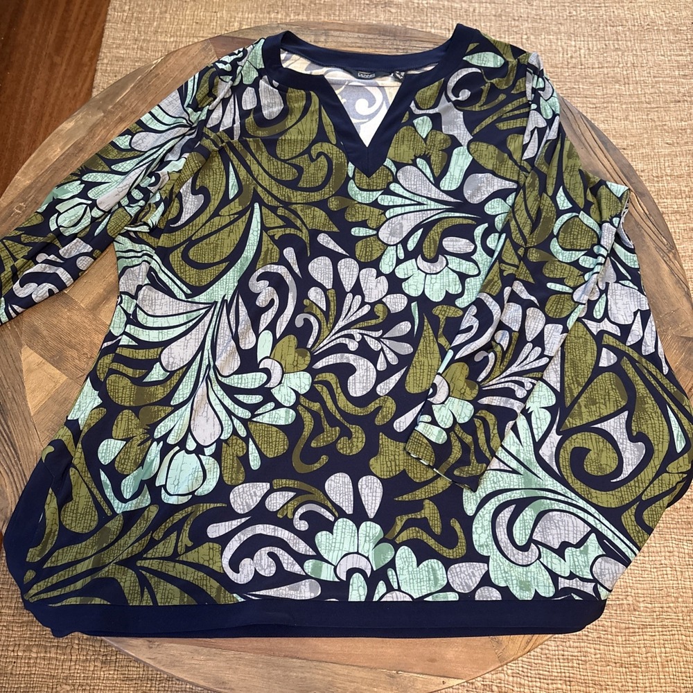 Dennis by Dennis Basso 2pc Long Sleeve top/pant Set 3X Stretch Green Blue Floral